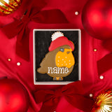 A Molly's Bakehouse gift box containing a decorated Christmas themed robin biscuit wearing a red winter hat with a white pom-pom, placed on red satin fabric with red bows and Christmas holiday ornaments around it. The ice biscuit has the word 'name' in white icing, suggesting personalisation.
