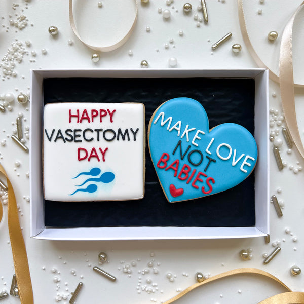 Caja de 2 galletas de vasectomía: “Haz el amor, no los bebés” y “Feliz día de la vasectomía”