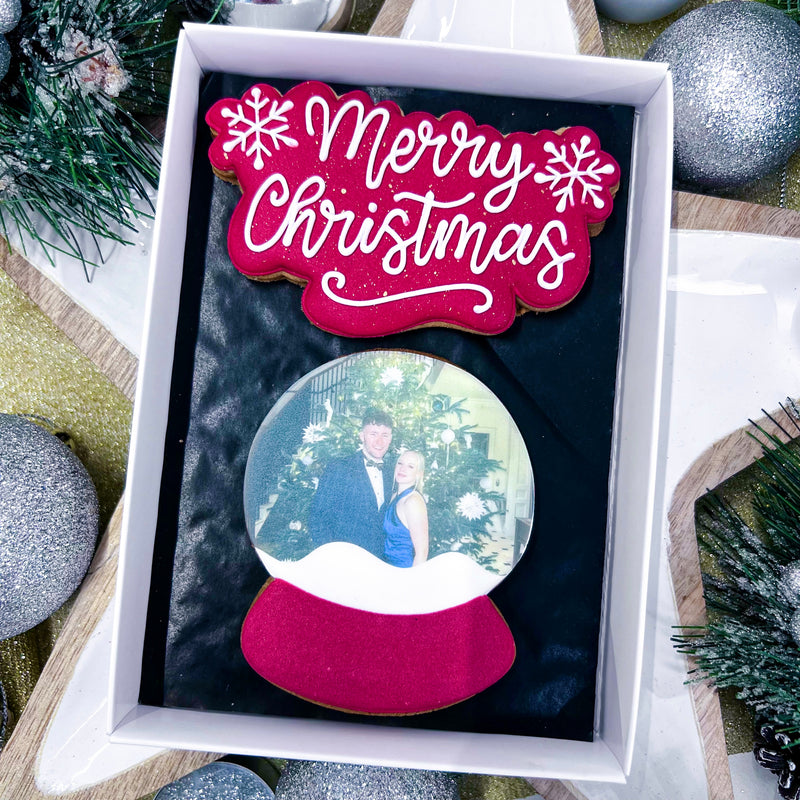 Merry Christmas & Personalised Snow-globe Biscuit Gift Box