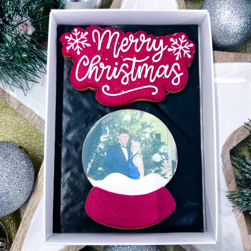 Merry Christmas & Personalised Snow-globe Biscuit Gift Box