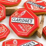 Cookies with Claridge's London logo on a white background