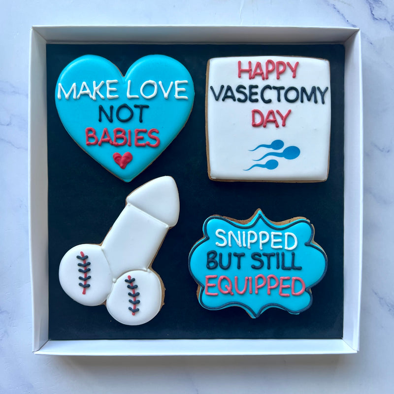 Vasectomy Biscuits Set Of 4: "Snipped But Still Equipped"