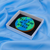 Personalised Father's Day biscuit gift box. Best Dad in the World globe design