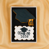 Personalised Iconic Graduation Biscuit Gift Box featuring a plaque and graduation hat iced biscuit