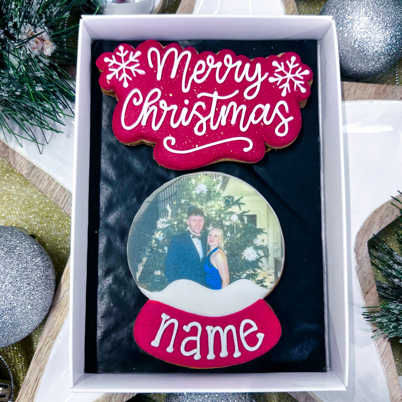 Merry Christmas & Personalised Snow-globe Biscuit Gift Box